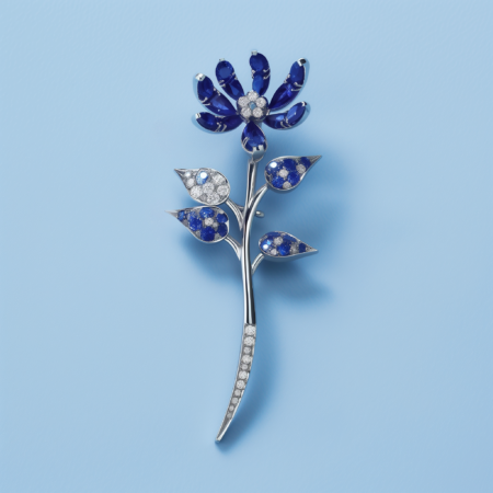 Elegant 18k Gold Sapphire and Diamond Flower Lapel Brooch